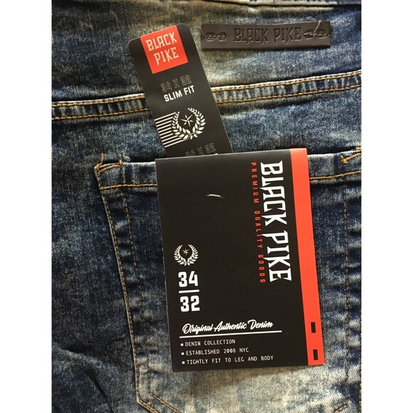 NWT BLACK PIKE LEGEND Embroidered Distressed Biker Stretch Slim Denim Jean 34X32 - Picture 12 of 16